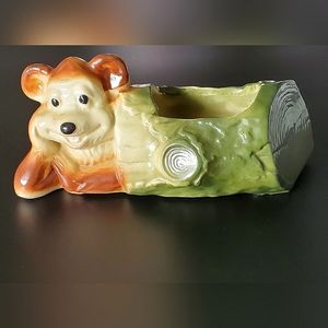 Vntg Brown Bear in Log Ceramic Planter 🪴 🌱 🌵